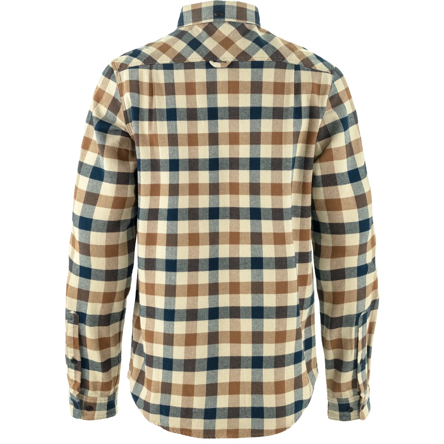 Plaid shirt with brown, blue, and beige pattern on a white background