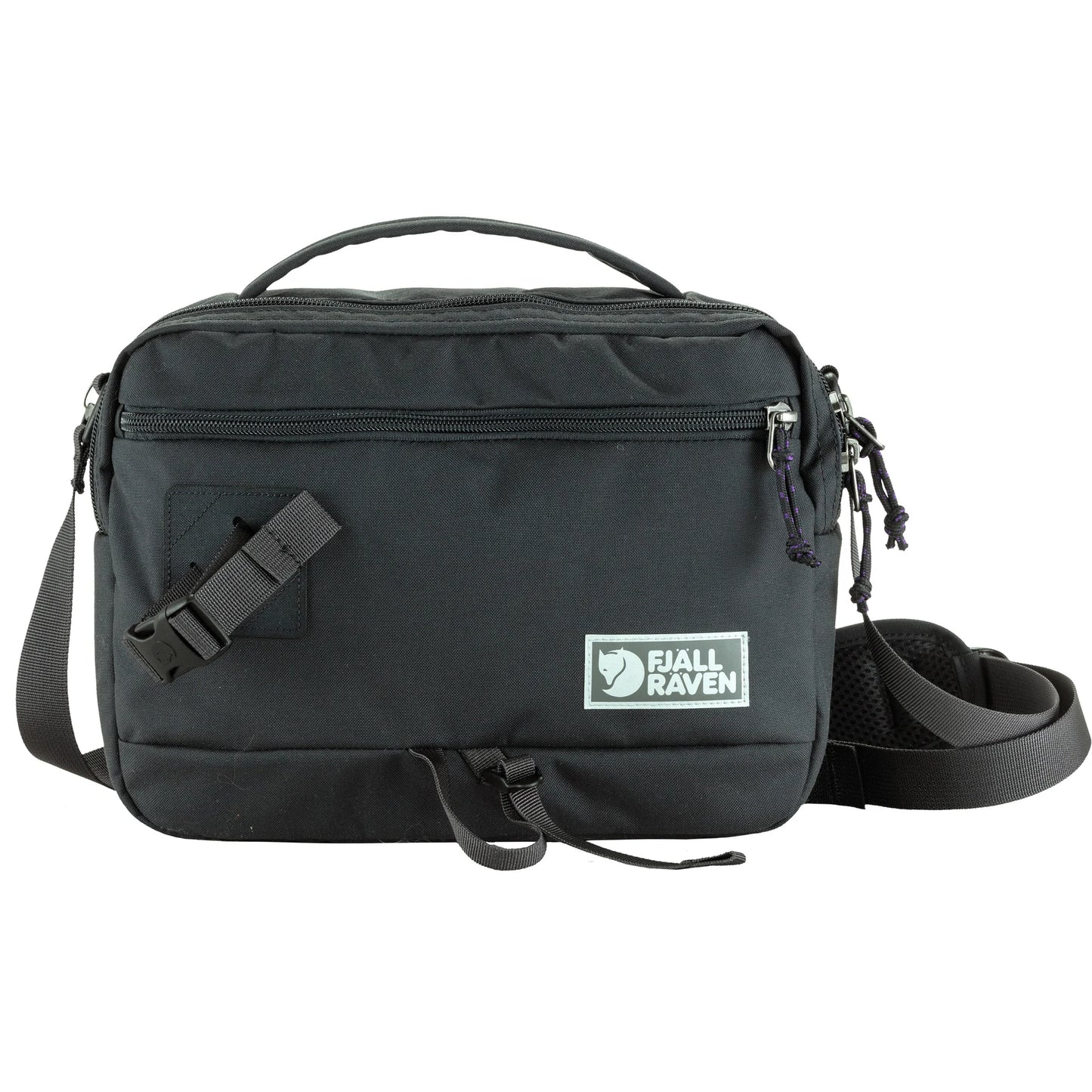 Black shoulder bag with visible Fjäll Raven logo on a white background