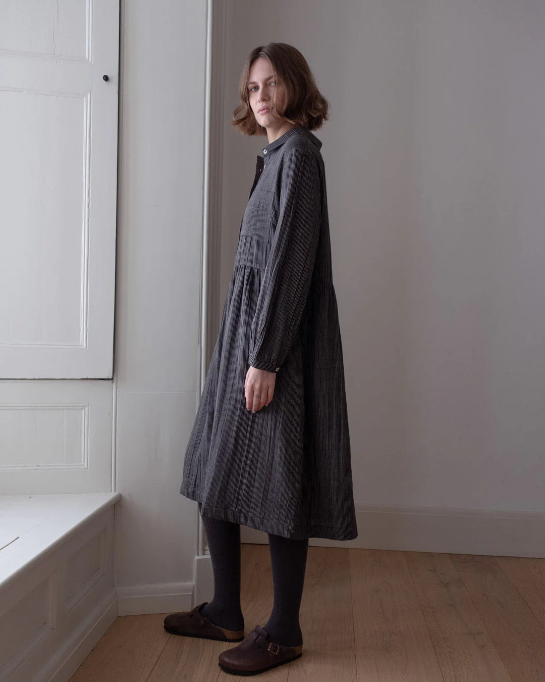 Bibico - Bea Shirt Dress - Double Gauze Stripe - Grey