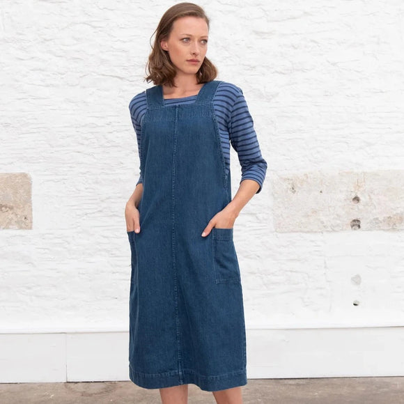 Denim Pinafore square neck and patch pockets with a midi hem.