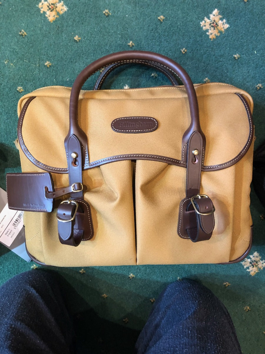 Briefcase with Laptop-Friendly design in khaki from Great British travelware experts Billingham, featuring multiple interior organising pockets and 5-year guarantee.