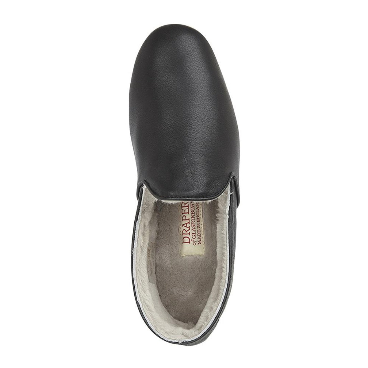 Leather and suede slippers with sheepskin lining in black from slipper experts Draper, featuring rubber-enforced sole for both indoor and outdoor use. 