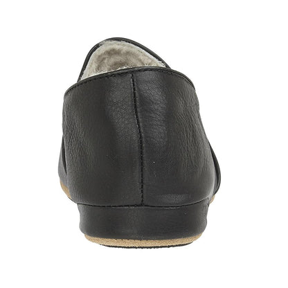 Leather and suede slippers with sheepskin lining in black from slipper experts Draper, featuring rubber-enforced sole for both indoor and outdoor use. 