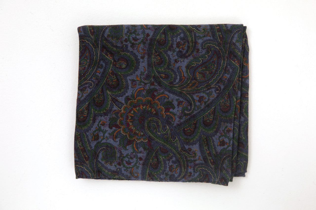 Regent - Scarf - Merino Wool - Blue & Green Paisley Double-Sided Pattern