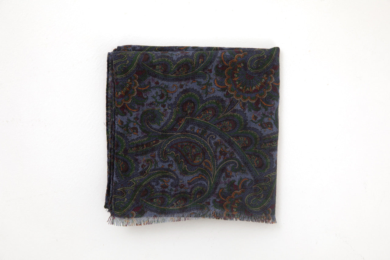 Regent - Scarf - Merino Wool - Blue & Green Paisley Double-Sided Pattern