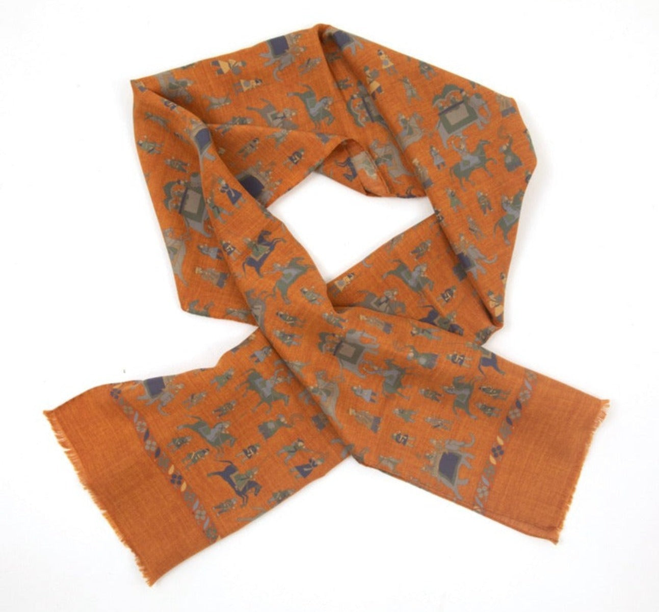 Regent - Lightweight Silk Scarf - Elephants and Warriors - Orange