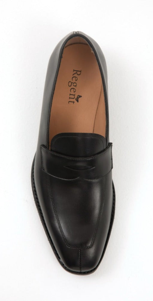 Black luxury calf-leather loafers from Heritage indie designer Regent, featuring hand-stitched composition and UK-made kudos.