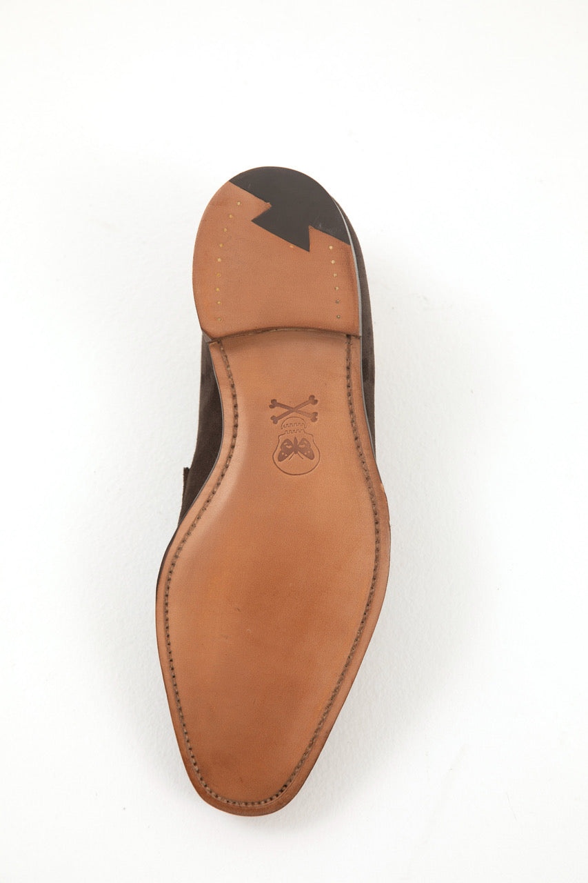 Brown plough suede split-toe loafers from Heritage indie designer Regent, featuring hand-stitched composition and UK-made kudos.