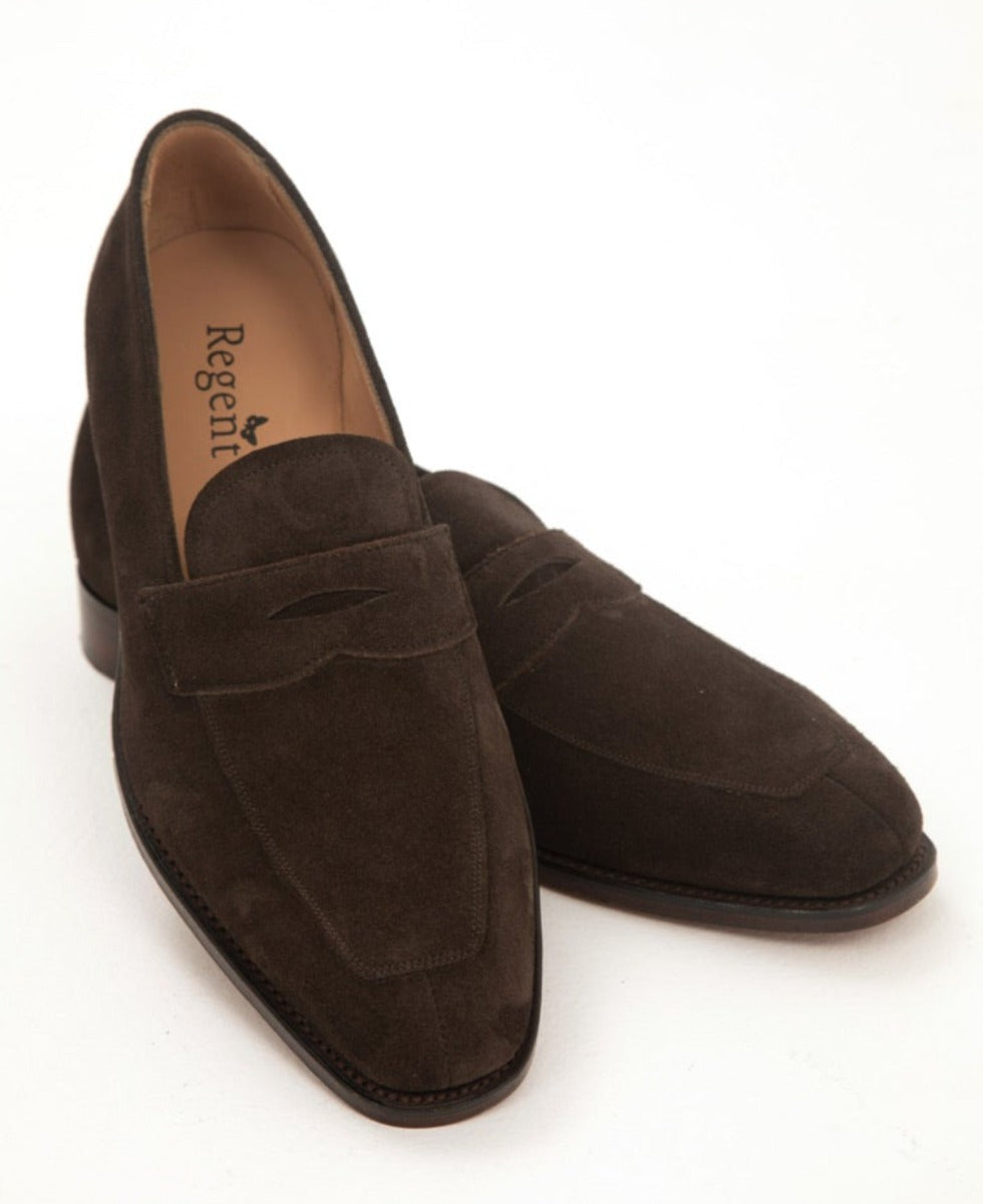 Brown plough suede split-toe loafers from Heritage indie designer Regent, featuring hand-stitched composition and UK-made kudos.