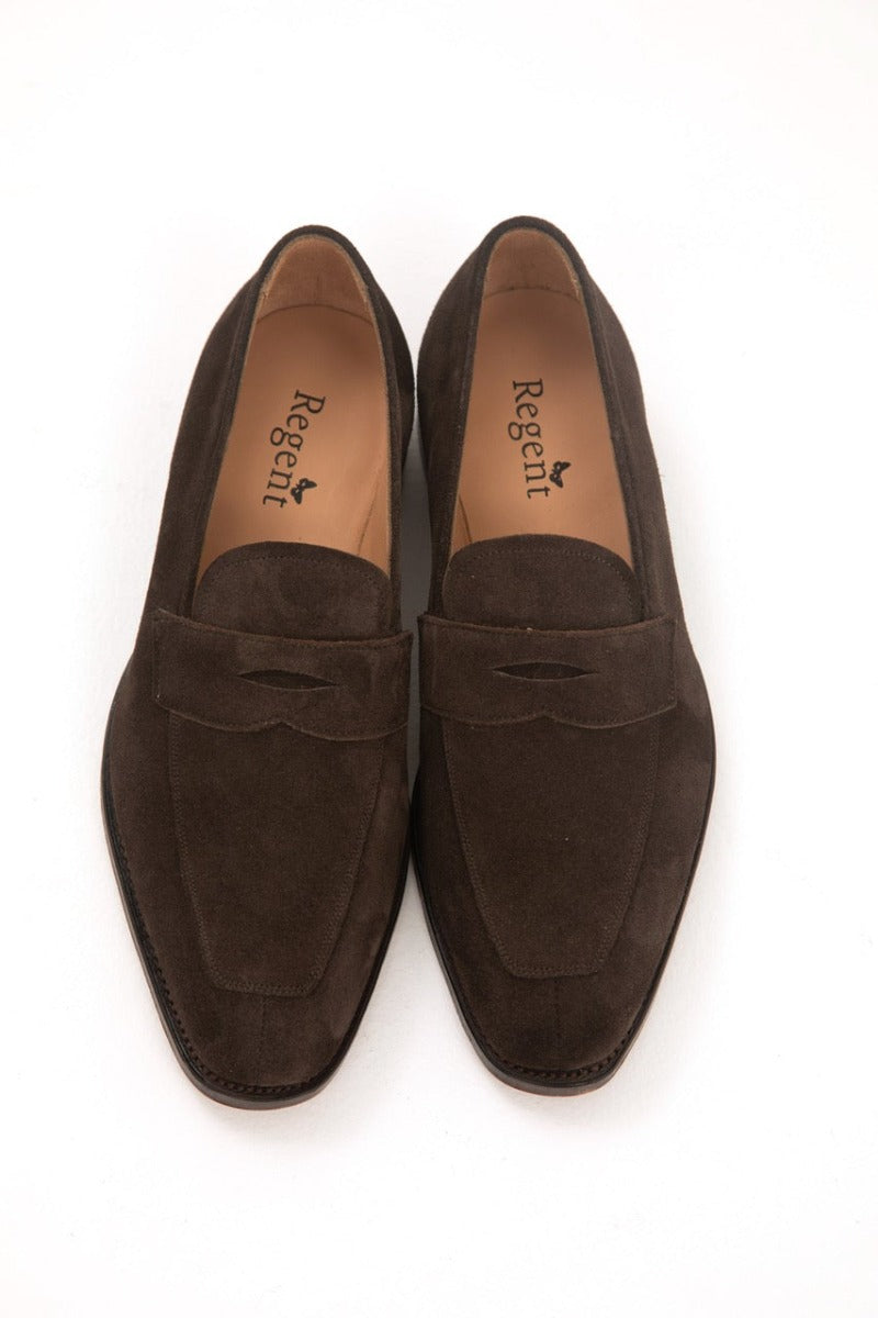 Brown plough suede split-toe loafers from Heritage indie designer Regent, featuring hand-stitched composition and UK-made kudos.