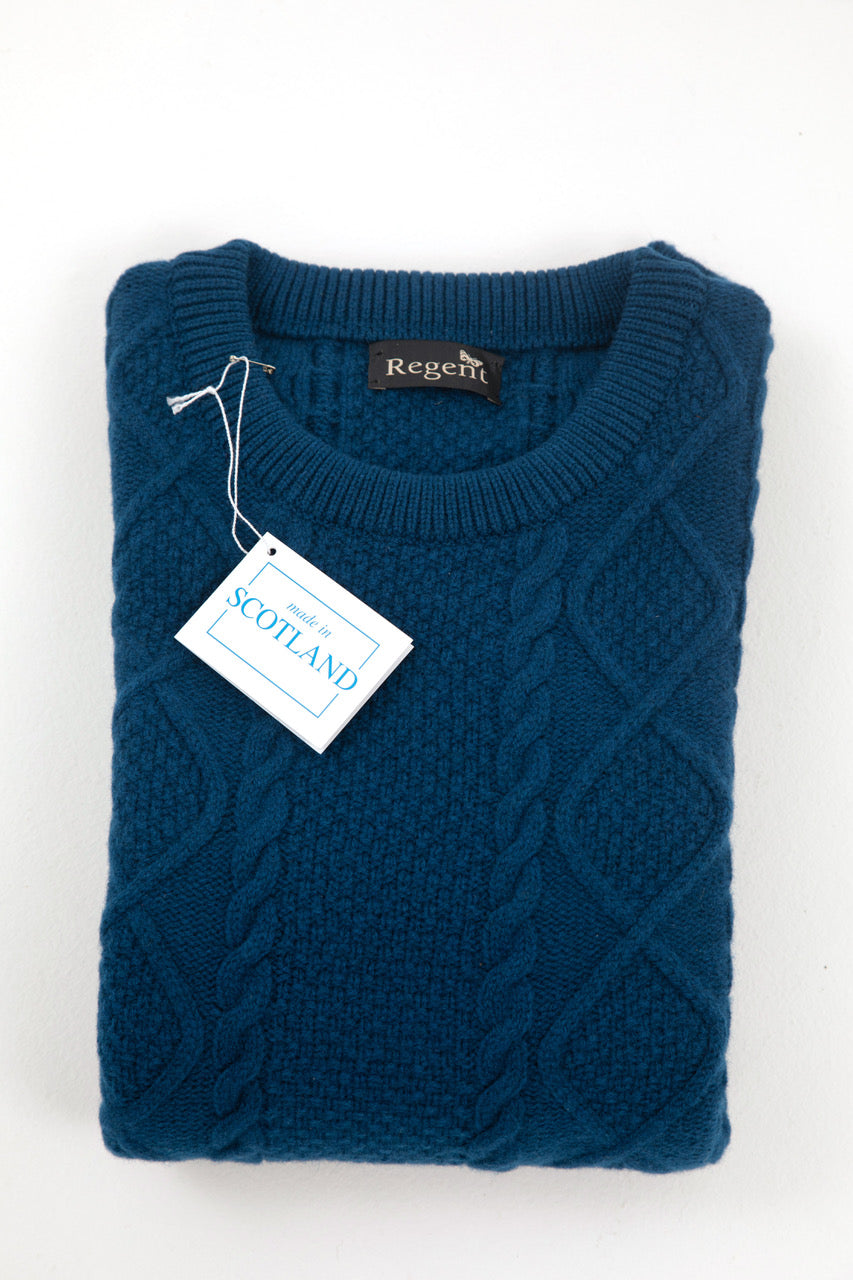 Pure Geelong lambswool authentic Aran jumper by heritage independent designer Regent, featuring cable knit design. 