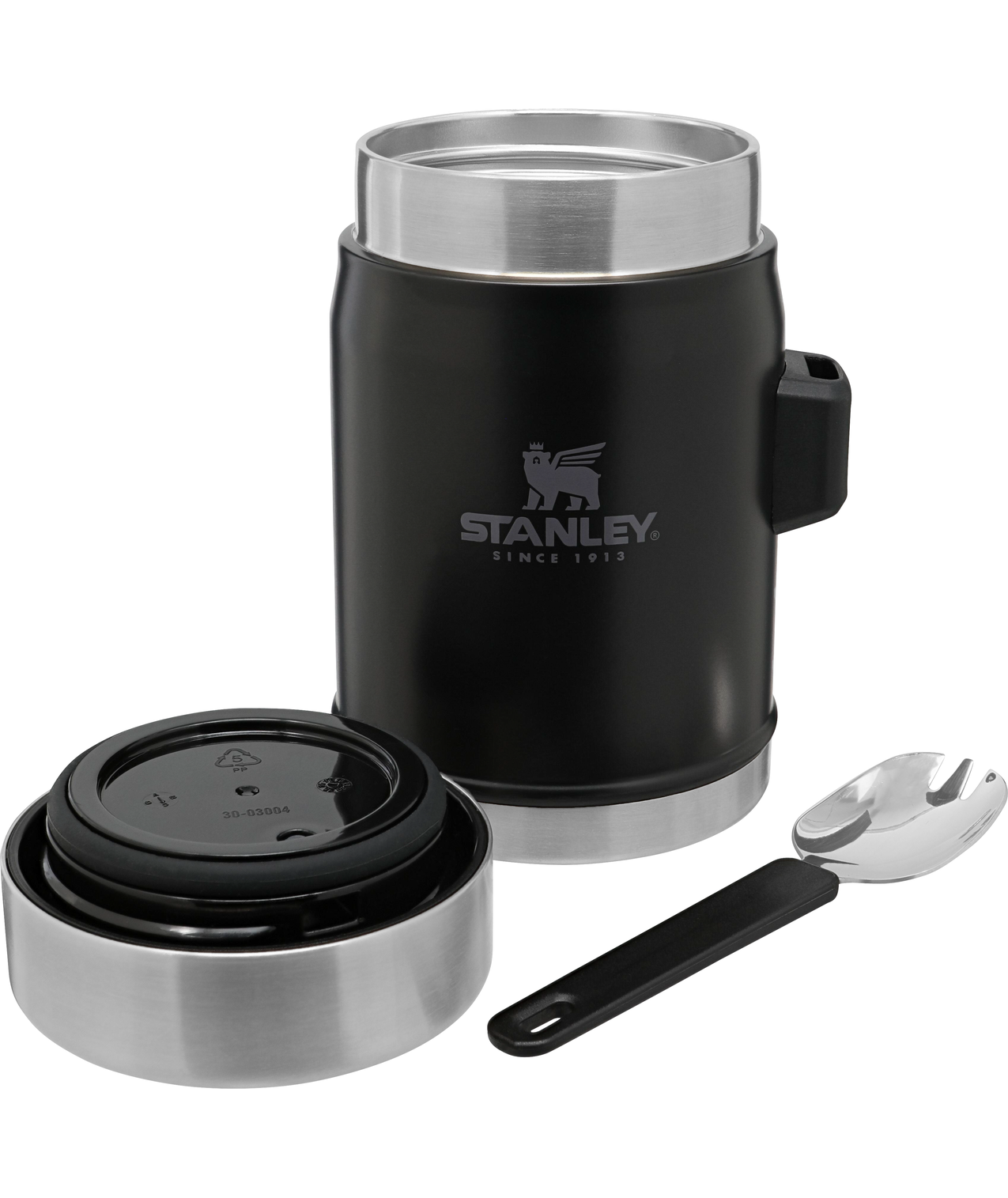 Leak-proof seven-hour heat retention vacuum food jar for camping or trips away by pro-equipment suppliers Stanley, featuring integrated steel spork and lifetime warranty.