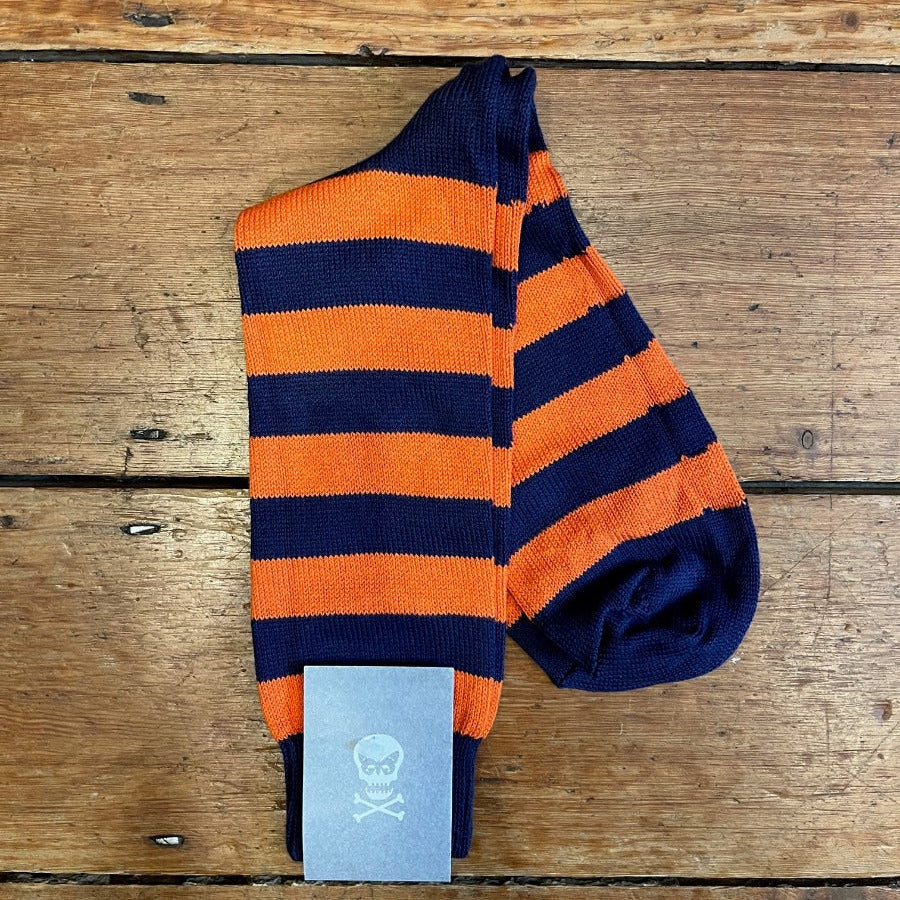 Orange and Navy Hoop sock sold in regent at salisbury