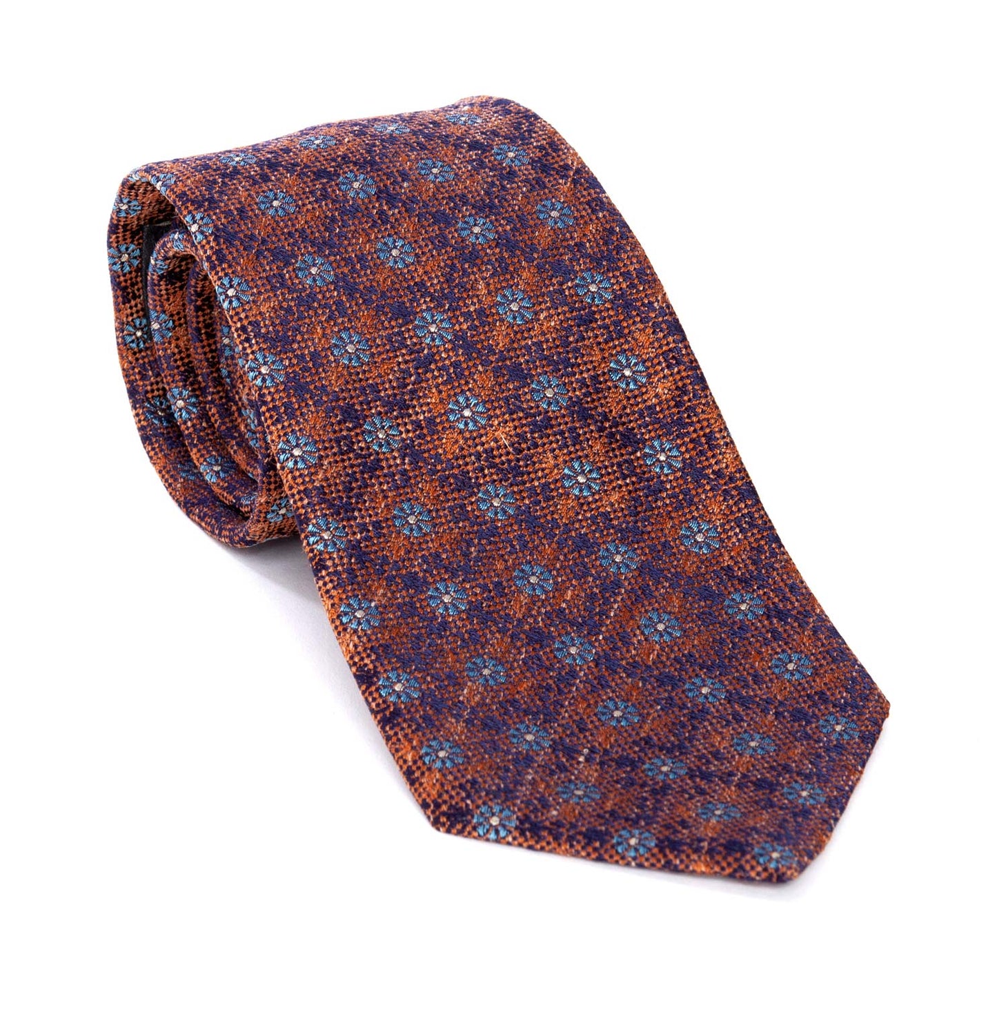 Regent - Woven Silk Tie - Dark Orange With Blue Flowers - Regent Tailoring