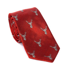 Regent - Woven Silk Tie - Red Tie With Stag Head Pattern