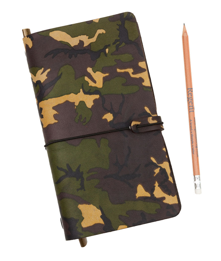 Classic soft luxury leather notebook in camouflage printed leather by Regent with both blank and lined paper