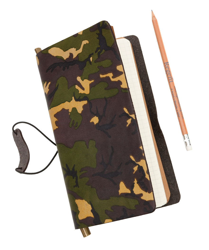 Classic soft luxury leather notebook in camouflage printed leather by Regent with both blank and lined paper