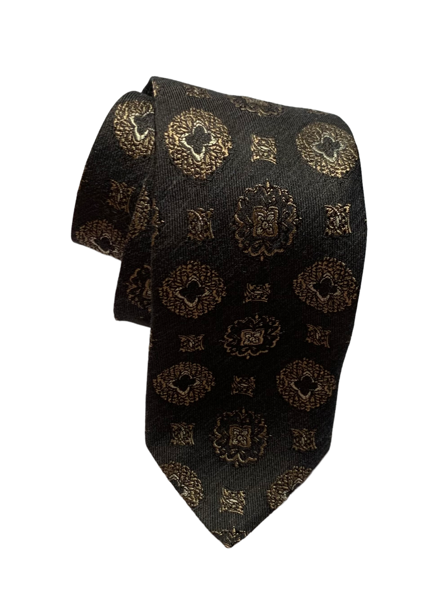 Regent woven cotton & silk tie made in Italy. Slate grey with antique gold accent pattern
