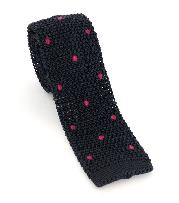 Regent Silk Knitted Tie - Deep Navy with Pink Spot - Regent Tailoring