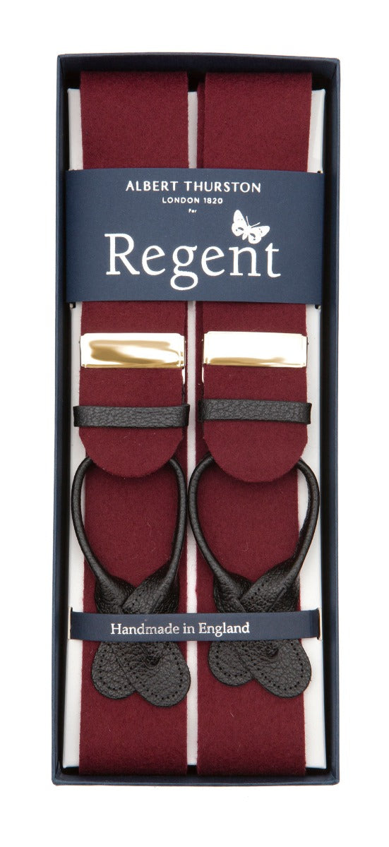 Burgundy box cloth braces with nickel fittings and black leather ends, designed and made in the UK exclusively for Regent. 