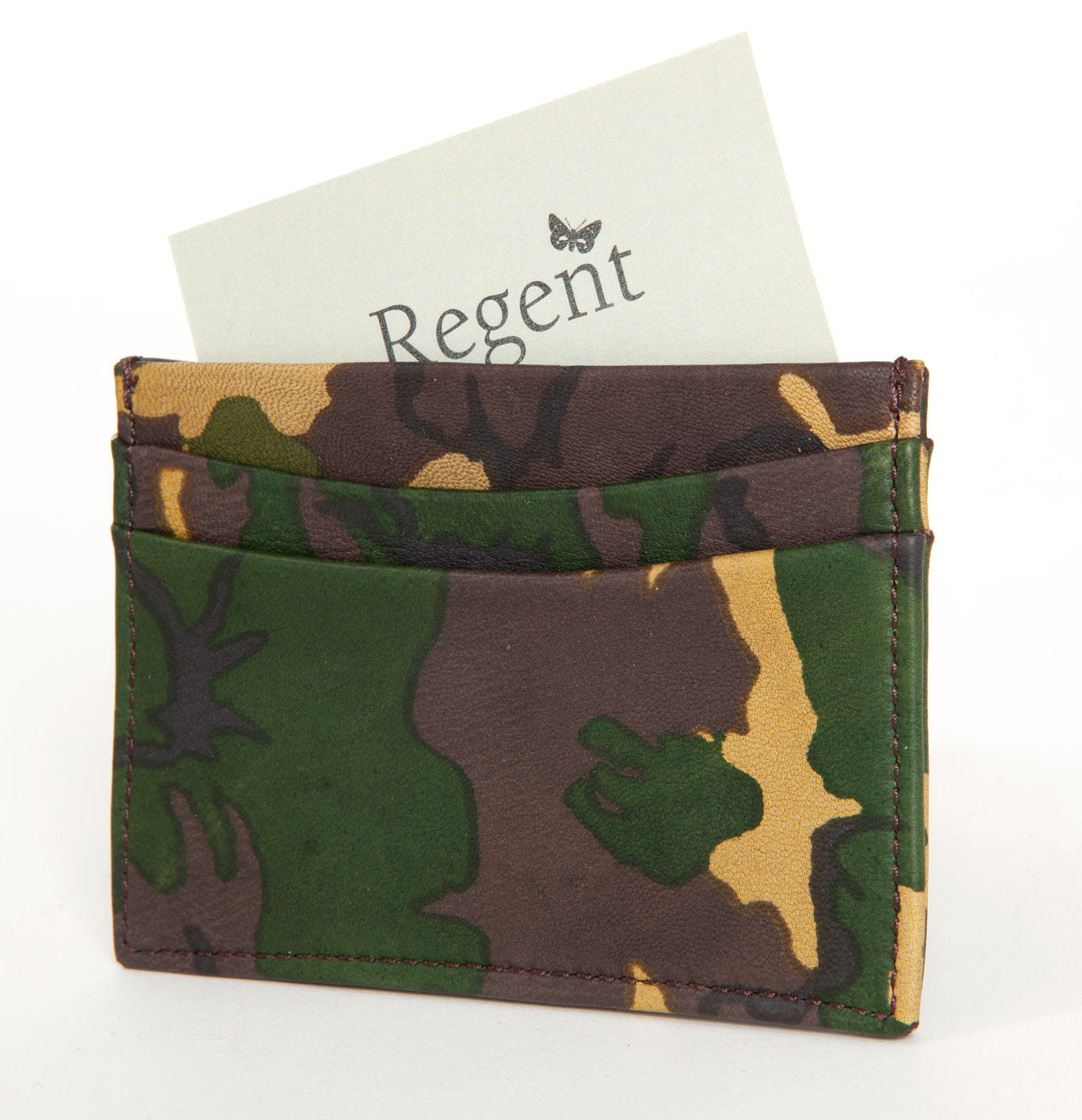 Leather and silk lined army camo cardholder designed and made in England exclusively for Regent.