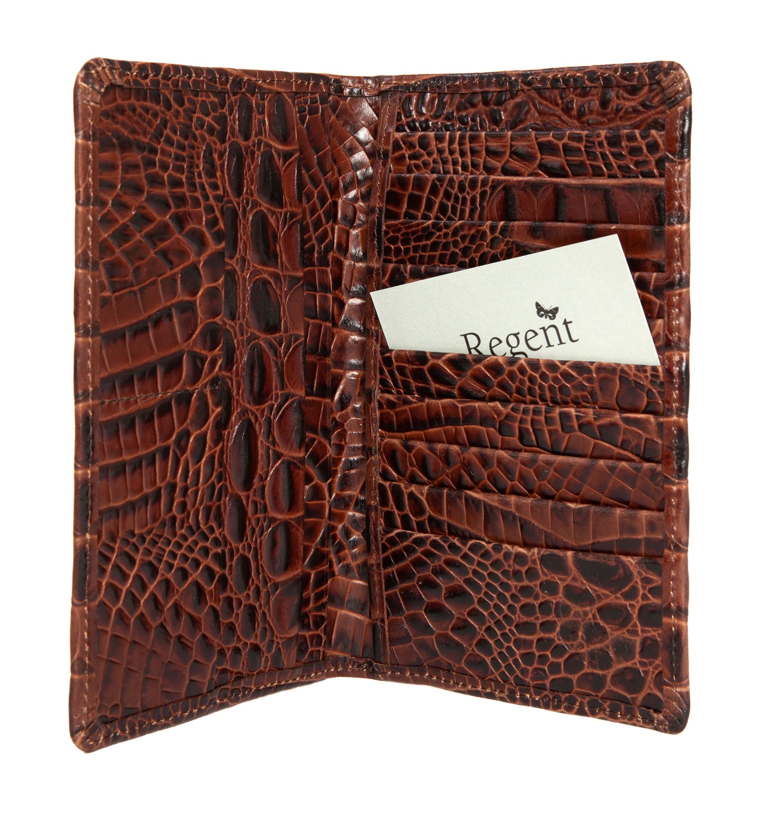 Brown mock/fake snake/crocodile-skin effect pressed tall leather ‘hipster’ attaché wallet made and designed in England exclusively for Regent.