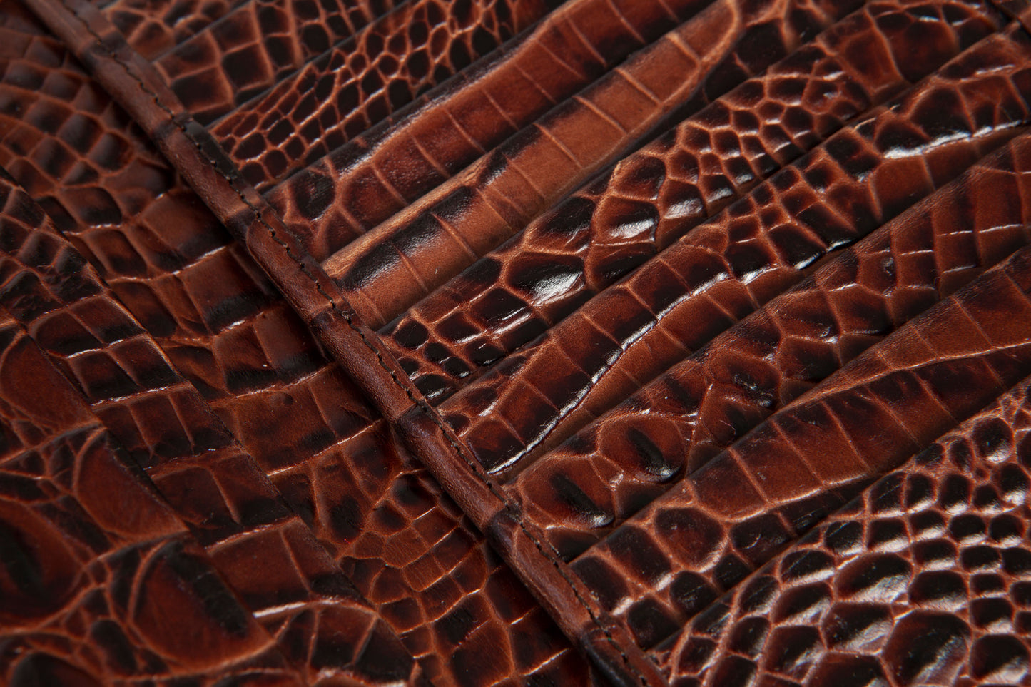 Brown mock/fake snake/crocodile-skin effect pressed tall leather ‘hipster’ attaché wallet made and designed in England exclusively for Regent.