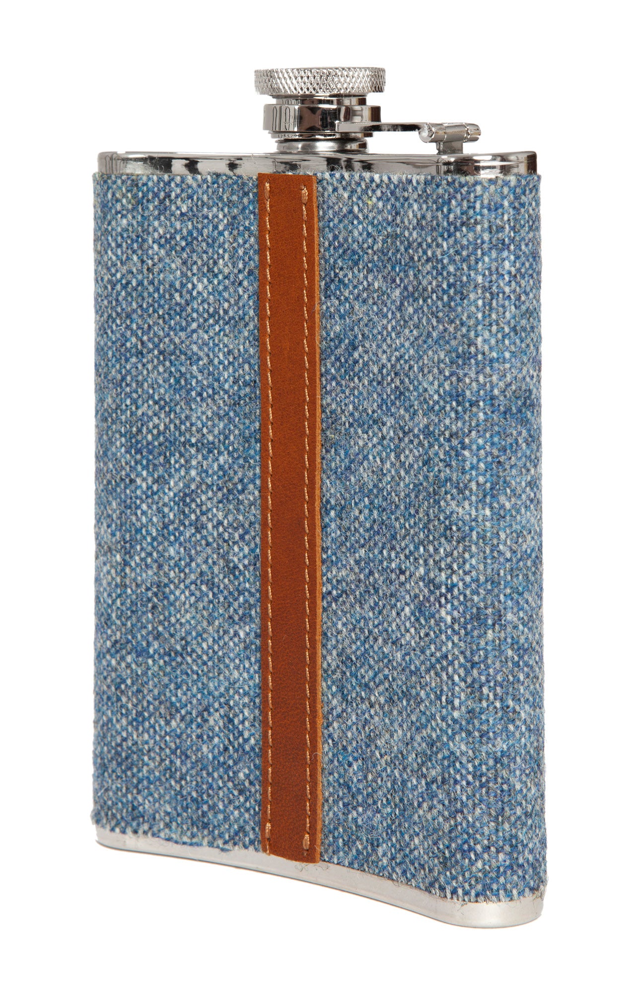 8 ounce hipflask in blue Mooncloth tweed design by Regent, featuring traditional screw closure. 