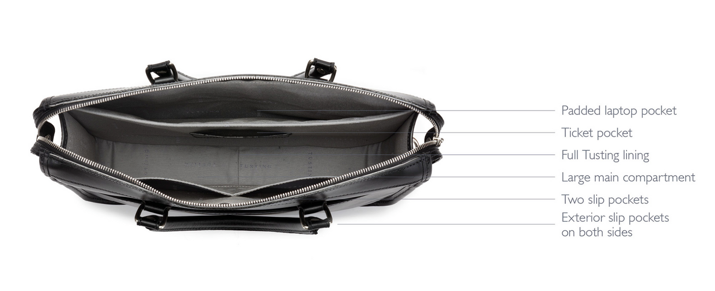 Leather briefcase with detachable shoulder strap, lining, several storage compartment options and metal fittings from English Heritage brand Tusting.