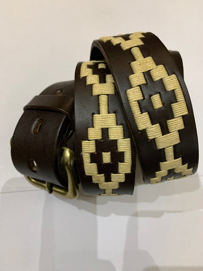 Regent - Polo Belt - Embroidered - Leather - Beige Diamond Aztec