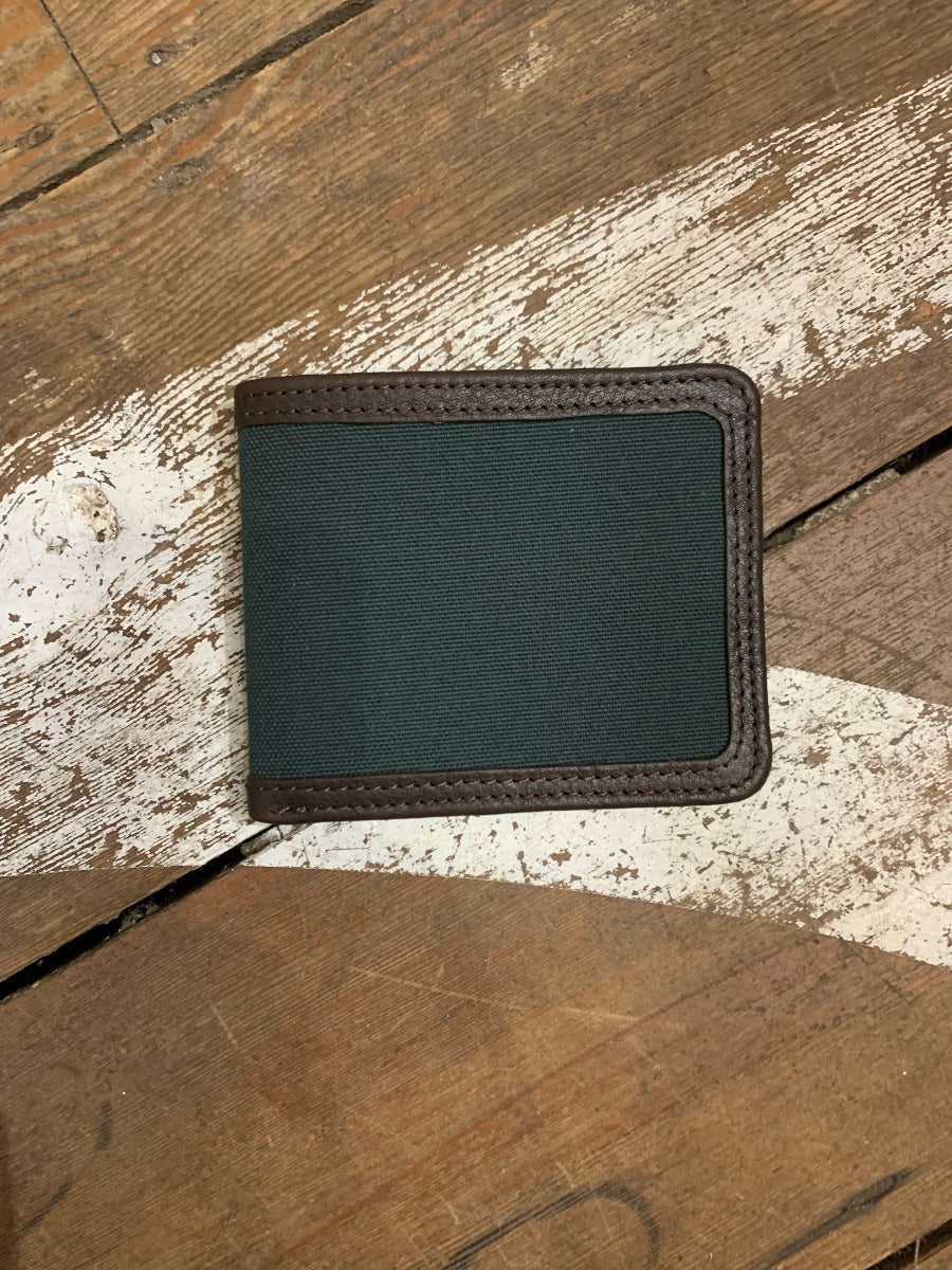 Green canvas and leather billfold wallet