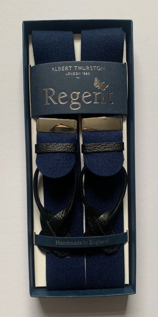 Navy box cloth braces with nickel fittings and black leather ends, designed and made in the UK exclusively for Regent. The braces are supplied with brace buttons for your trousers.