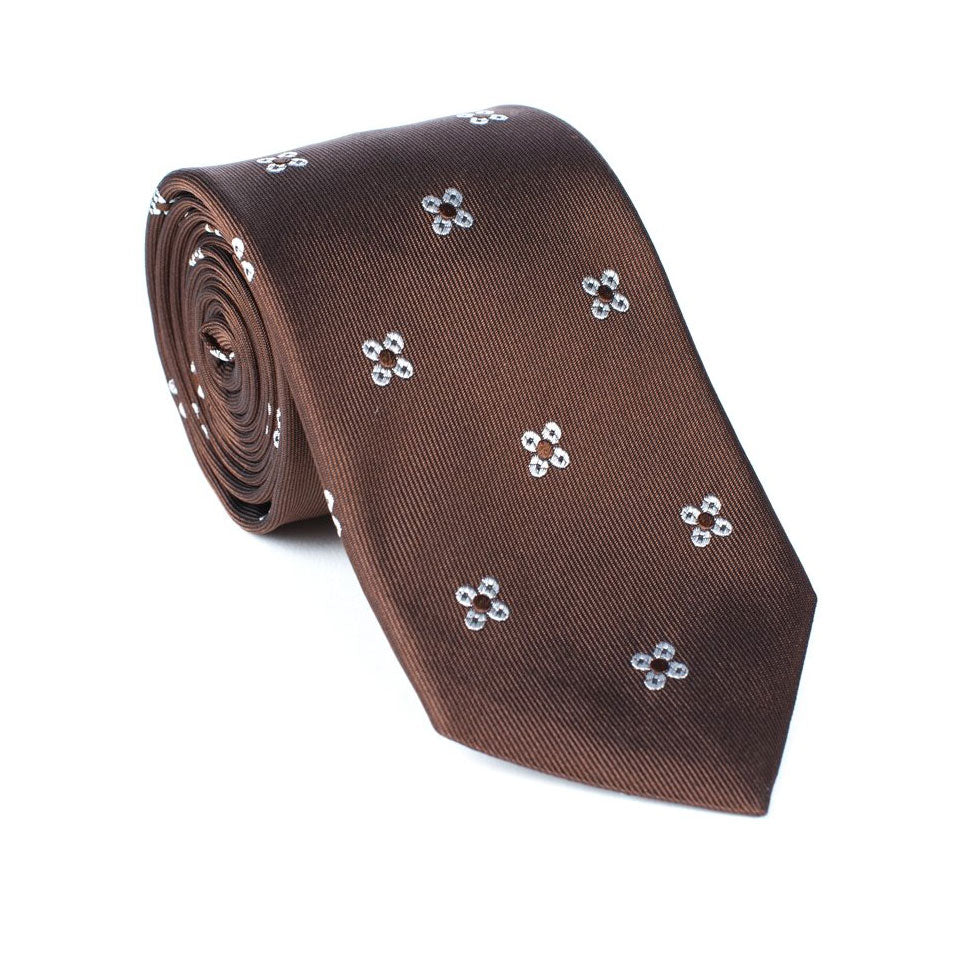 Regent - Woven Silk Tie - Brown with Daisy Pattern - Regent Tailoring