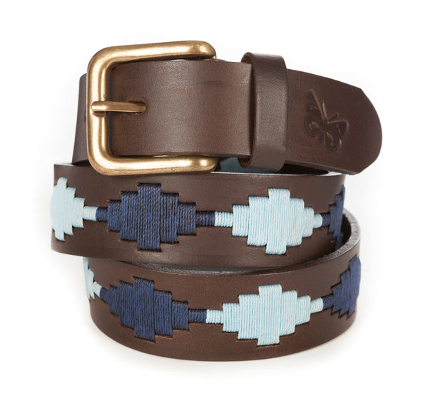 Regent - Polo Belt - Embroidered - Leather - Sky Blue & Navy Diamond
