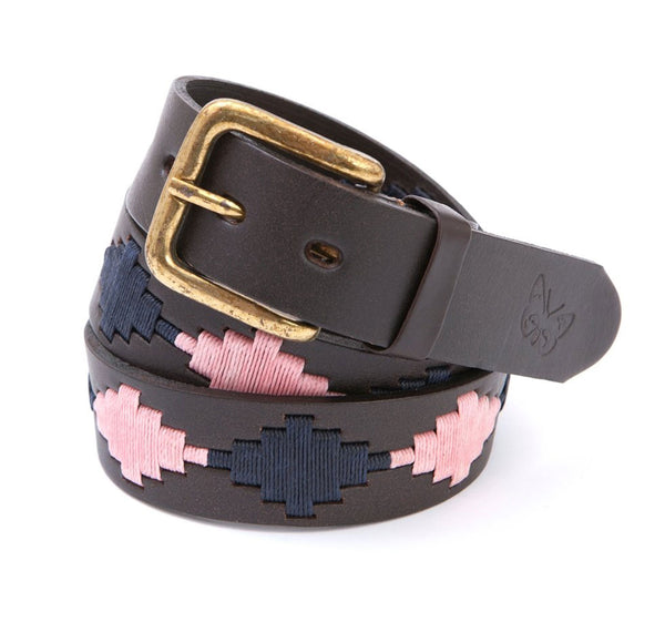 Regent - Polo Belt - Embroidered - Leather - Pink and Navy - Diamond