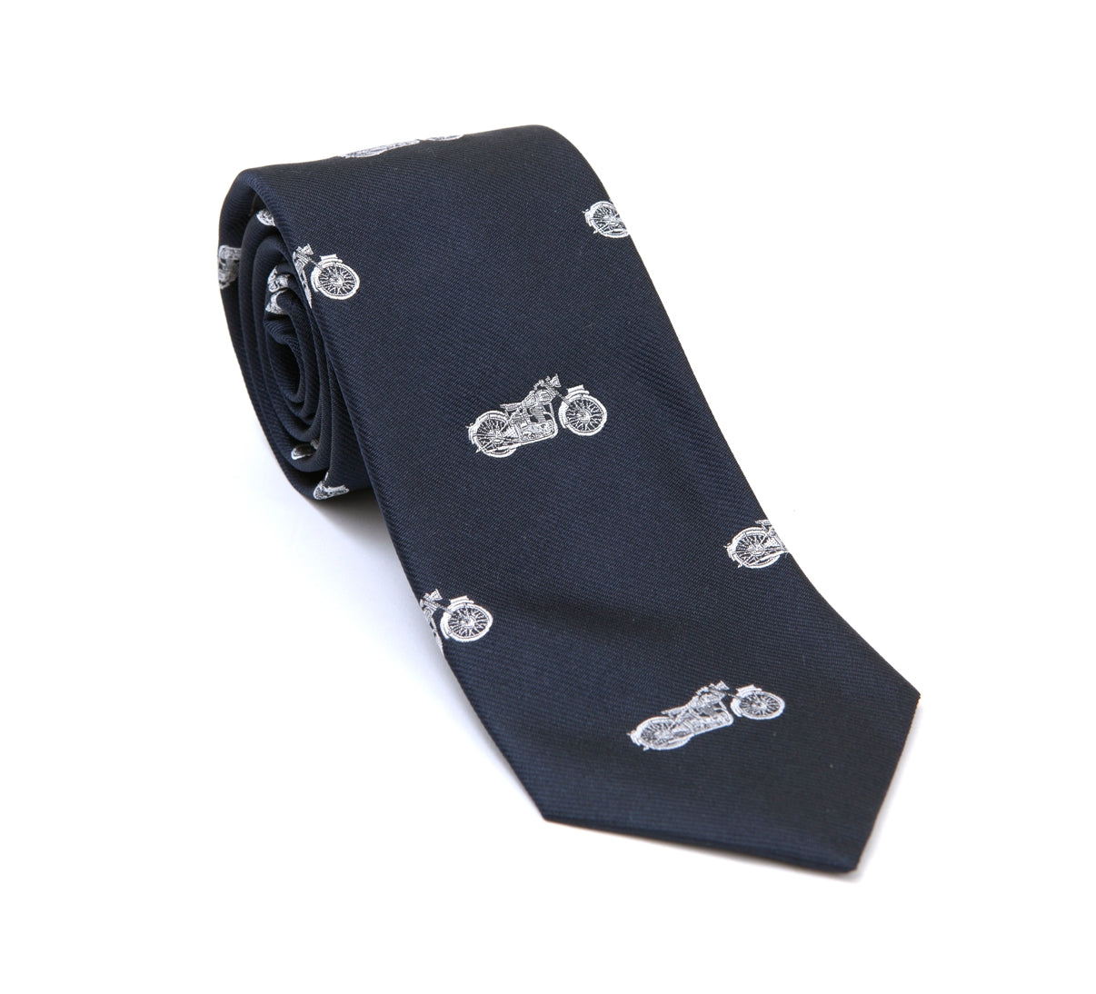 Regent - Woven Silk Tie - Navy With White Motorcycles - Regent Tailoring