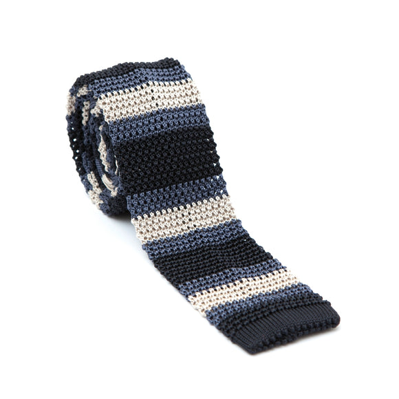 Regent - Knitted Silk Tie - Blue and Champagne - Stripe - Regent Tailoring