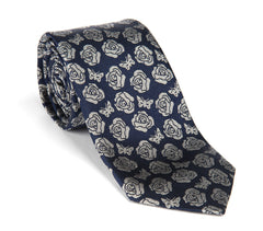Regent - Woven Silk Tie - Navy and Silver Rose and Butterly Logo