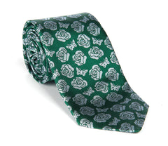 Regent - Woven Silk Tie- Green and Silver Rose and Butterfly Logo