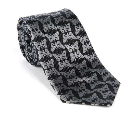 Regent - Woven Silk Tie - Black With Silver Butterflies - Regent Tailoring