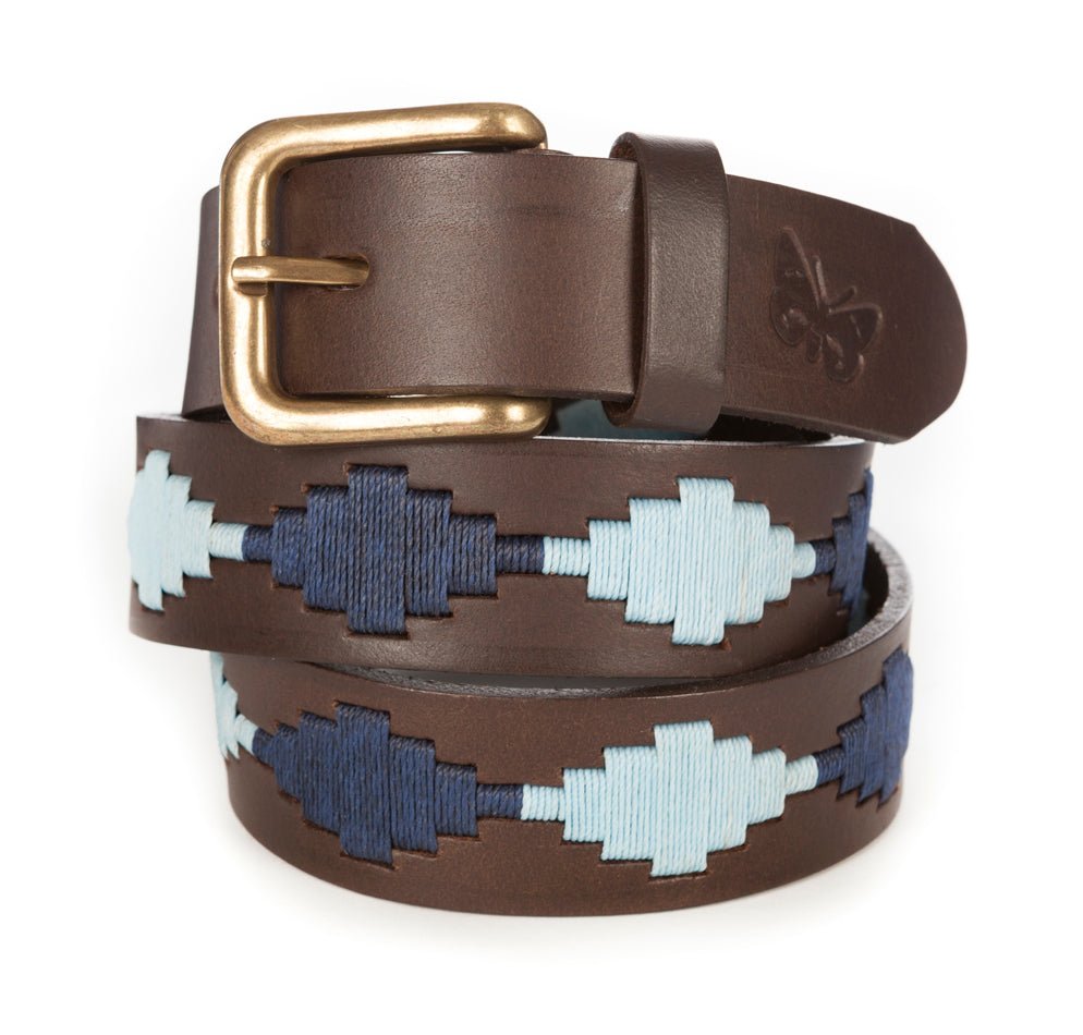 Regent - Polo Belt - Embroidered - Leather - Sky Blue & Navy Diamond - Regent TailoringPolo