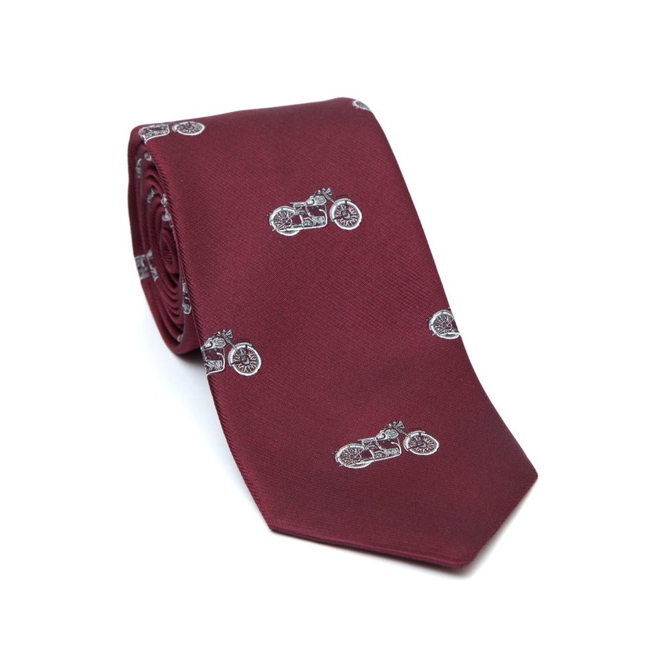 Regent Woven Silk Tie- Burgundy with Bikes - Regent TailoringRegent