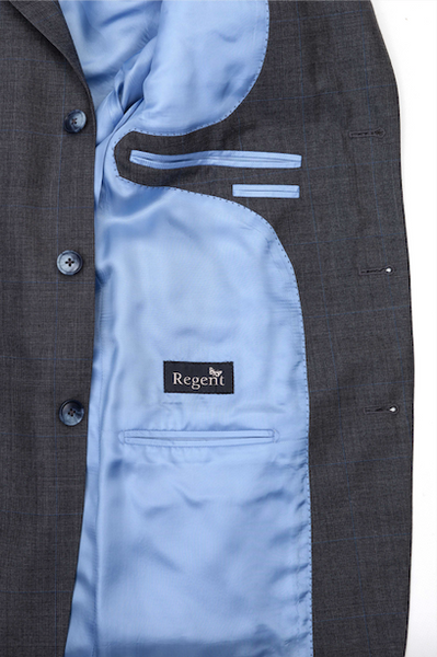 Regent - 'Godfather'- Three Button Suit - Grey w/ Sky-Blue Overcheck