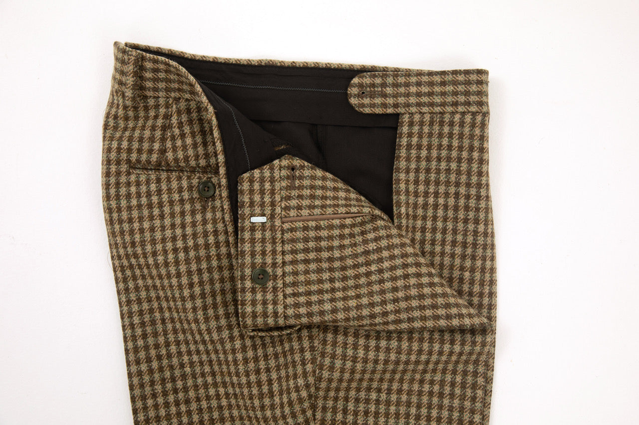 Prestige heritage Lovat Mill tweed trousers uniquely designed by independent British designer Regent, featuring belt loops, brace buttons, single pleat and slant pockets.