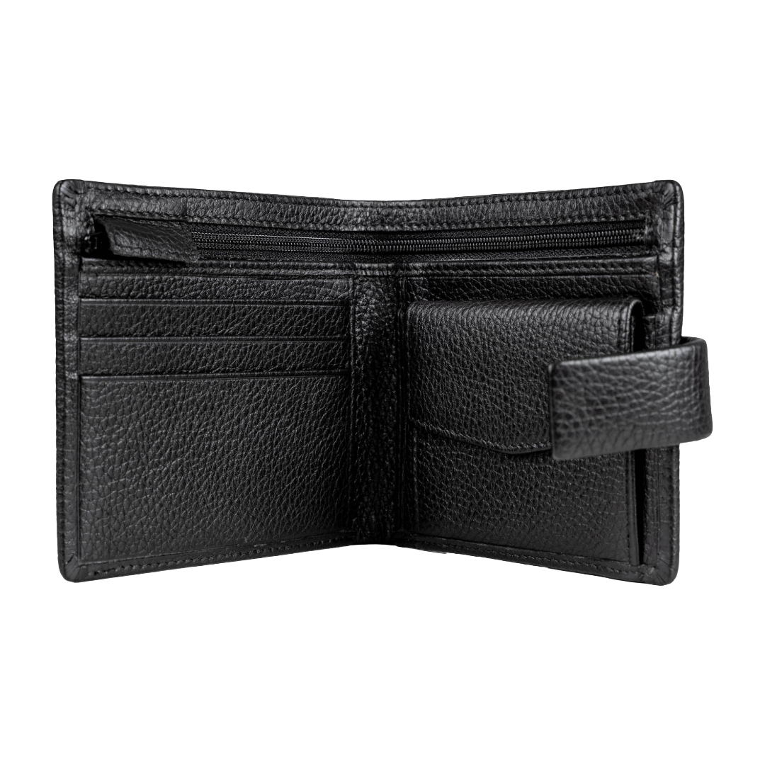 An open black pebbled leather bifold wallet with multiple card slots, a zippered compartment, and a slip pocket on a plain white background.