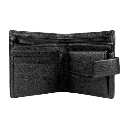 An open black pebbled leather bifold wallet with multiple card slots, a zippered compartment, and a slip pocket on a plain white background.