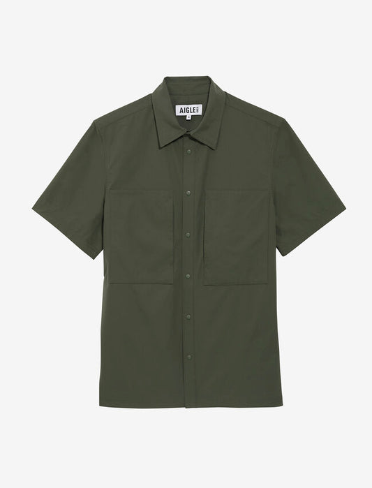 Green short-sleeve shirt with collar on a white background