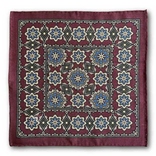 Regent - Wool/Silk Pocket Square - Burgundy/Blue Motif