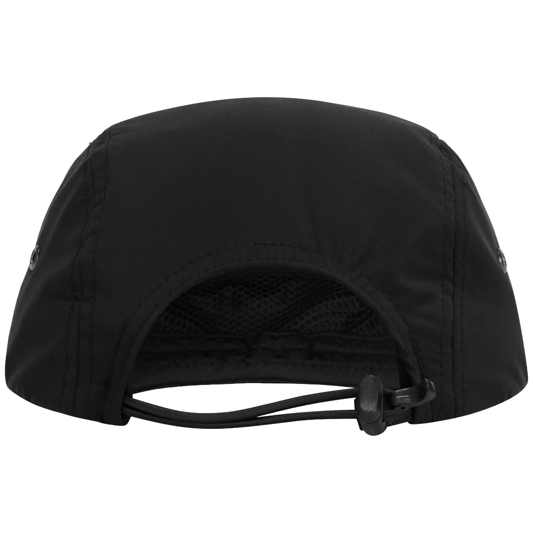 Black outdoor cap viewed from the back, featuring a curved crown, mesh ventilation lining, and an adjustable drawstring closure.