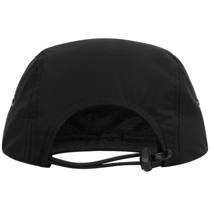 Black outdoor cap viewed from the back, featuring a curved crown, mesh ventilation lining, and an adjustable drawstring closure.